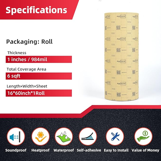 Sound Deadening Mat 1inch(25 mm) 6.54sqft - Aluminum Foil Foam Car Sound Deadening Material - Self-Adhesive Hood Insulation Heat Shield Auto Sound Dampening