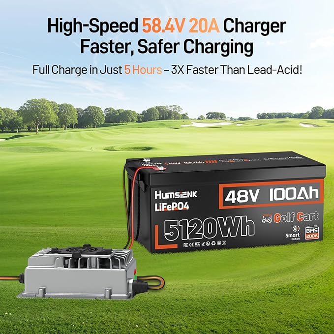 HumsiENK 48V 100Ah Golf Cart LiFePO4 Lithium Battery Bluetooth Monitor with 15A Charger, 15000+ Cycles Battery with Peak Current 600A & Group 8D, 200A BMS with Low-Temp Protection for Golf Carts