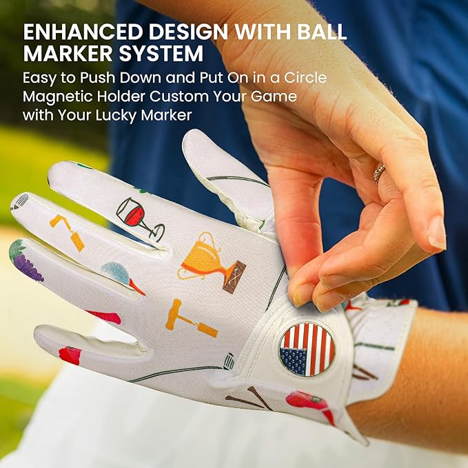 Amy Sport Womens Golf Glove with Ball Marker Rain Left Right Hand Leather Printed Pack, Ladies Golf Gloves All Weather Grip Breathable Soft Size Small Medium Large XL
