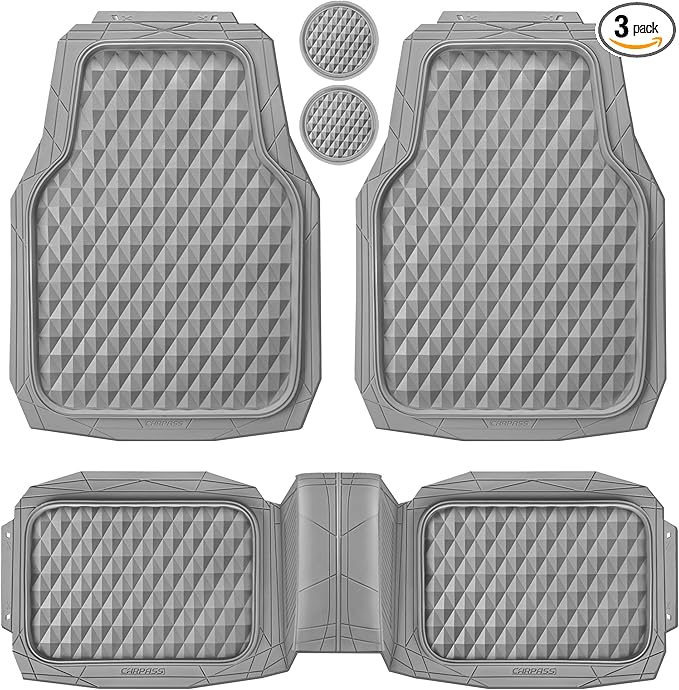 CAR PASS Heavy Duty Rubber Car Mats, Gray Deep Dish All-Weather Car Floor Mat Full Set Durable Anti-Slip 3D Rhombus Waterproof Trim Fit Liner Universal Fit Automotive,Sedan,SUV,Truck, 3 Pcs Light Gray