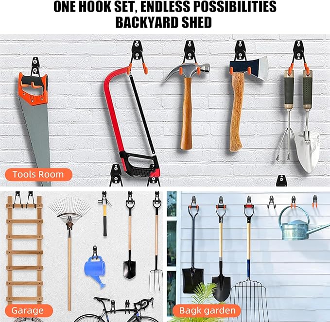 Garage Hooks, 6 Pack Medium Square Wall Hooks for Hanging Heavy Duty Ladders, Bikes, Tools Ideal for Garage, Garden, Basement Utility Room Storage (Orange)