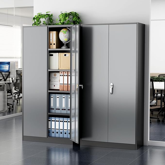 Greenvelly Metal Storage Cabinet with Doors and Shelves, 72'-Inch Locking Metal Cabinet for Garage, Office, School, Warehouse (Black Gray)