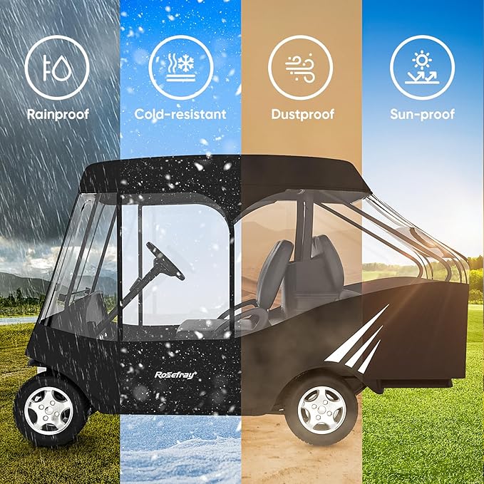 Rosefray Golf Cart Enclosure, 2+2 Drivable Rain Cover, Short Roof 58" - EZGO, Club Car - Durable Door Zipper - 4 Seater Golf Cart Cover Glowing at Night