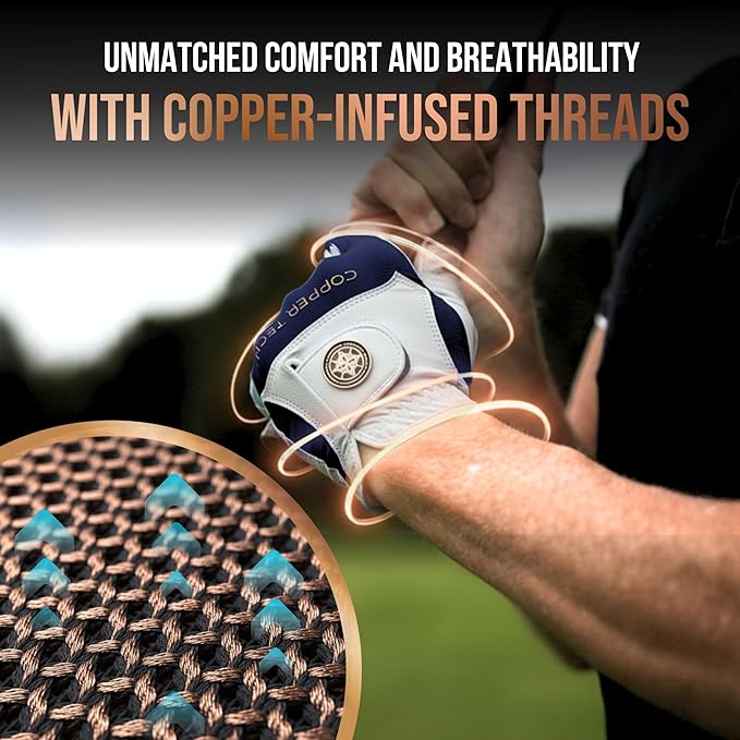 Copper Tech Golf Gloves Men Right Handed Golfer or Left Handed Golfer (2nd Gen) | Copper Compression Joint Support Golf Glove (White/Navy, Small, [Right Hand] for Left Handed Golfers)