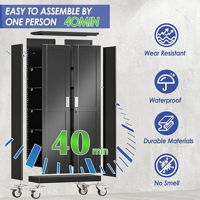 71" Tall Metal Garage Storage Cabinet with Wheels and Locking Doors and Tall Rolling Steel Tool Cabinet with 4 Adjustable Shelves for Garage,Home,Office,Shop (Black)