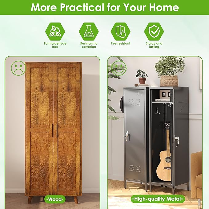 Aobabo 54" H Lockable Metal Storage Lockers with, Steel Locker Cabinet with Metal Hooks and 1 Adjustable Shelf for Home, School,Office, Assembly Required, Black