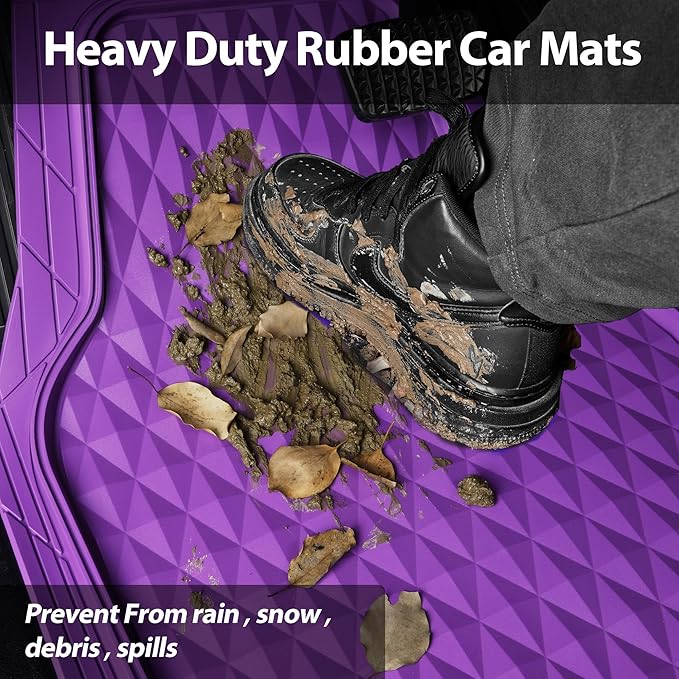 CAR PASS Heavy Duty Rubber Car Mats, Deep Dish All-Weather Floor Mat for Car Full Set Durable Anti-Slip 3D Rhombus Waterproof Trim to Fit Liner Universal Fit Automotive,Sedan,SUV,Truck, 3 Pcs Purple