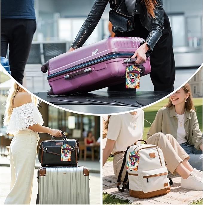 3 Pack Colorful Dog Sunglasses Luggage Tags for Suitcase Animal PU Leather Travel Luggage Tag Privacy Cover ID Label for Women Men Baggage Backpack Handbag School Bag
