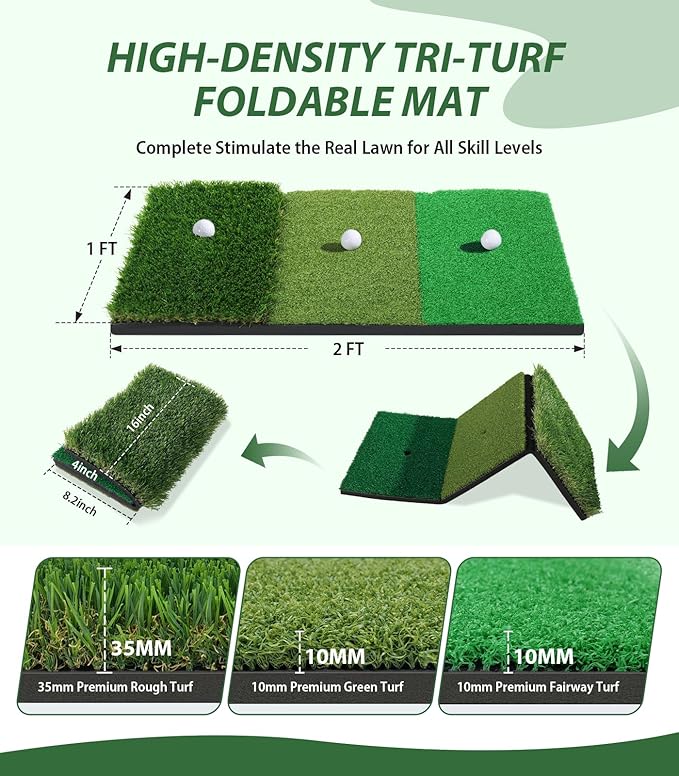 Golf Net, 10x7ft Golf Hitting Aid with Foldable Tri-Turf Mat, Designed for Outdoor & Indoor Use, Practice Nets for Backyard Driving Real Balls, Ideal Gifts for Men Dad Husband & Golfers