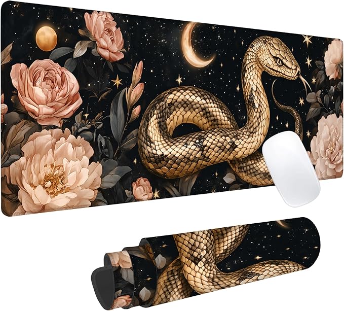 Snake and Moon Gaming Mouse Pad, Office Desk Mat, Anti-Slip Rubber Base Cool Aesthetic Mouse Pads for Computer Laptop Keyboard School Home Desktop Gamer Home Accessories Decor 31.5" x 11.8"