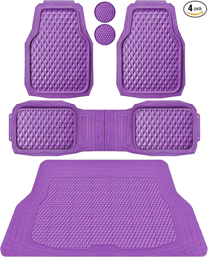 CAR PASS Heavy Duty Rubber Purple Car Floor Mats & Cargo Liners, Deep Dish All-Weather Trunk Mats Durable Anti-Slip 3D Rhombus Waterproof Trim to Fit Liner Universal Fit Auto,Sedan,SUV,Truck, Purple
