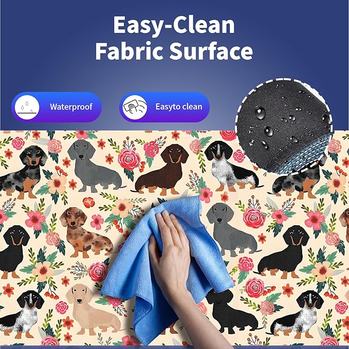 Extended XXL Gaming Mouse Pad with Stitched Edges for PC Home & Office - Colorful Floral Dachshund Dogs Cute Puppies Pink Flowers Seamless Design, Smooth Fabric Surface Anti-Slip Base Large Desk Mat