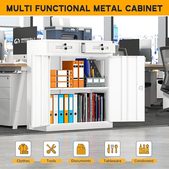 Greenvelly Metal Storage Cabinet with Drawers,42” White Cabinet Steel Garage Cabinet with 2 Doors and Adjustable Shelves, Lockable Storage Cabinet for Home Office, Garage, School, Apartment, Warehouse