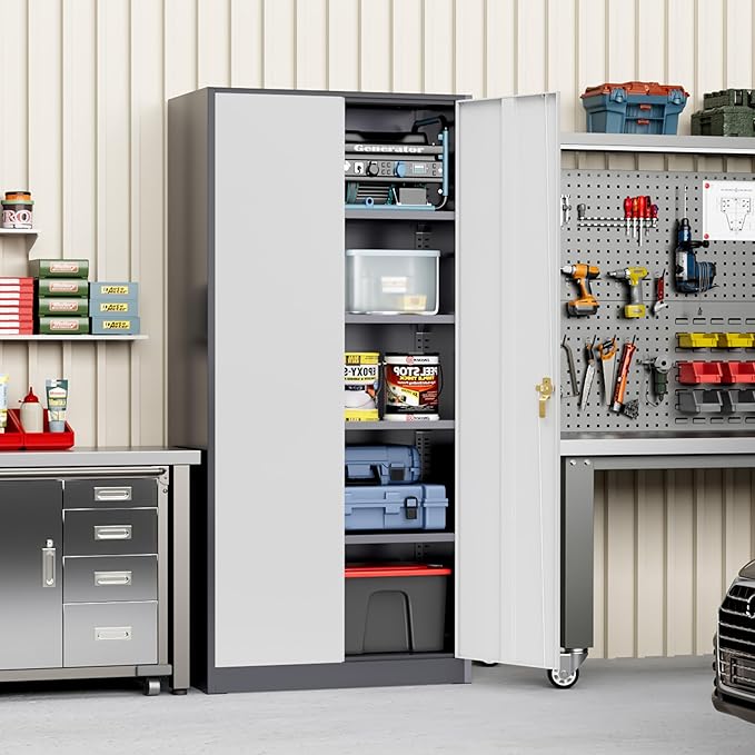 Greenvelly Metal Garage Storage Cabinet, 72” Steel Locking Storage Cabinet with 2 Doors and 4 Adjustable Shelves, Metal Tool Cabinets, Lockable File Cabinets for Home Office, Garage (Gray White)