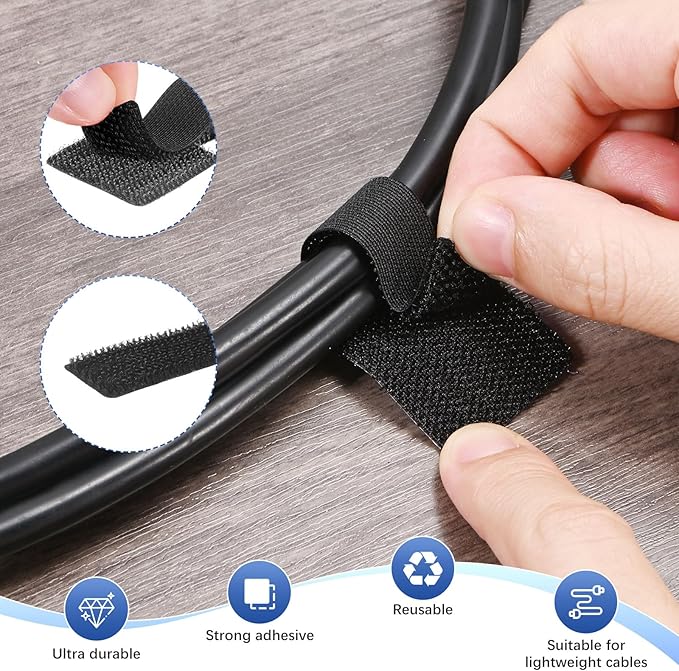 100-Pack Hook and Loop Cable Ties, 3.5 x 1.1 Inch Adjustable Self-Adhesive Cord Organizer for Desk/Home/Wall/Office Essentials, Cable Management Under Desk [Black]