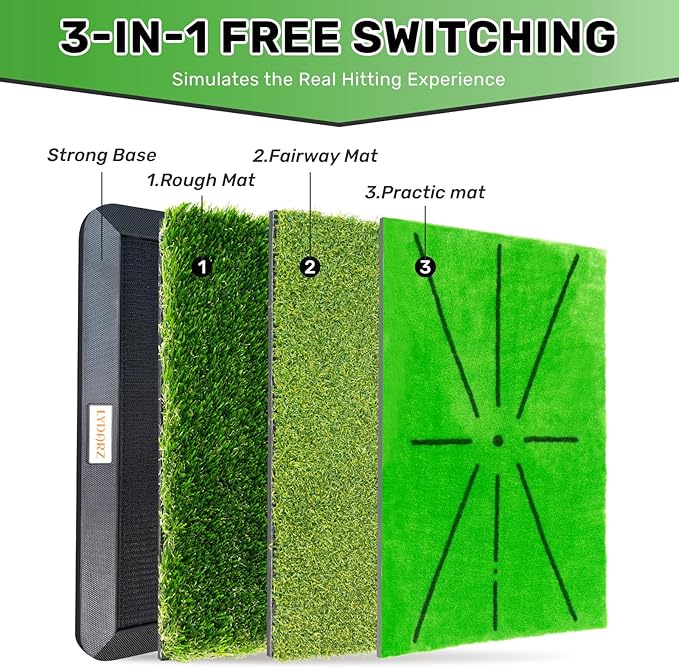 Golf Hitting Mats Training Equipment, Golf Practice Mat with Instant Swing Path Feedback, 3 Replaceable Golf Training Mats with No-Slip Heavy Duty Rubber Base