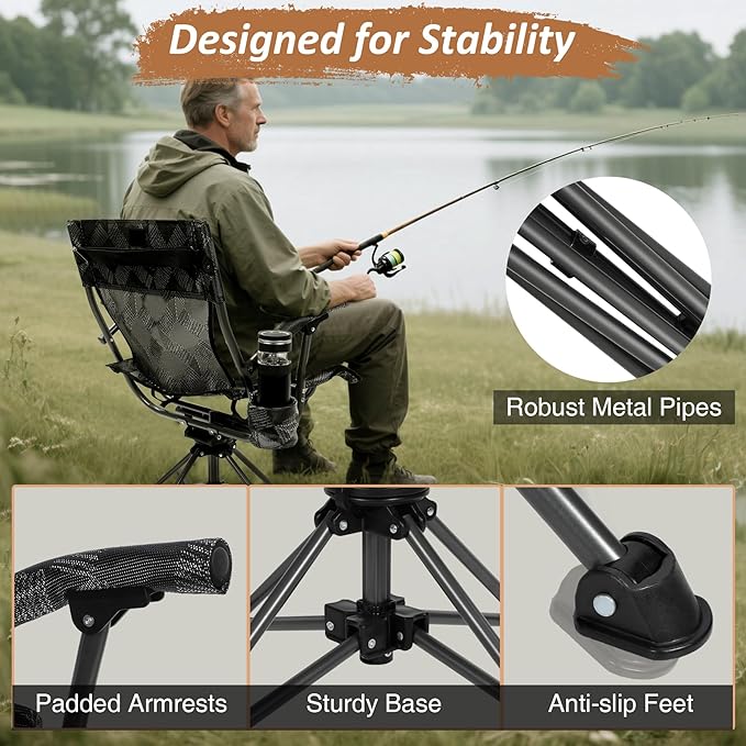 REDCAMP 360° Swivel Hunting Chairs for Ground Blinds, Portable Folding Camping Chairs for Adults Hunting Seats with Hard Arms for Fishing Camping, Black