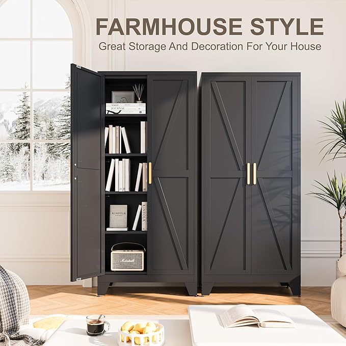 71H Tall Metal Storage Cabinet with 2 Doors and Adjustable Shelves,Farmhouse Storage Cabinet with Barn Doors,Pantry Storage for Home,Office,Bathroom,Dining Room,Kitchen(Black)