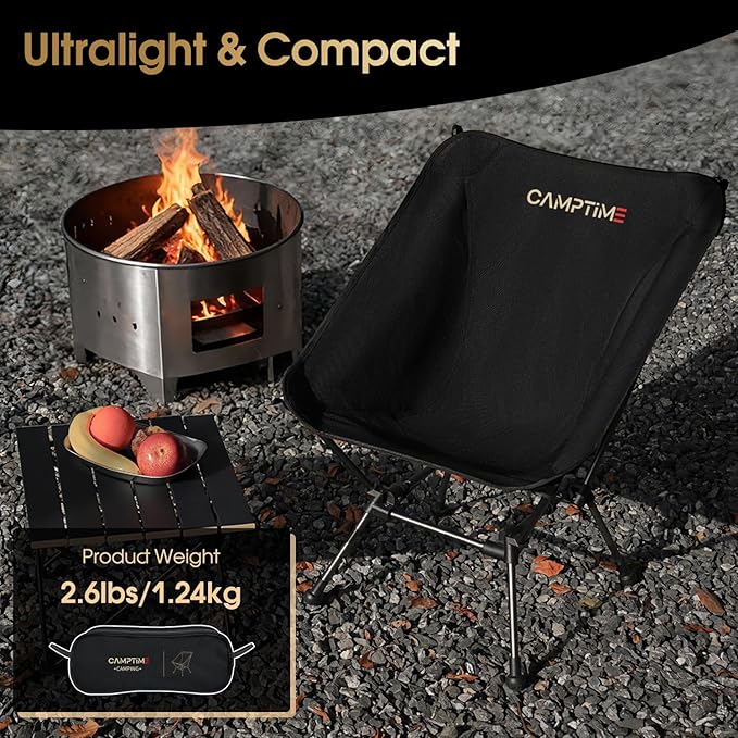Portable Camping Chair Plus, Larger & Roomier, Compact and Lightweight, Folding Chair for Backpacking & Hiking, 330Lbs Capacity, Black