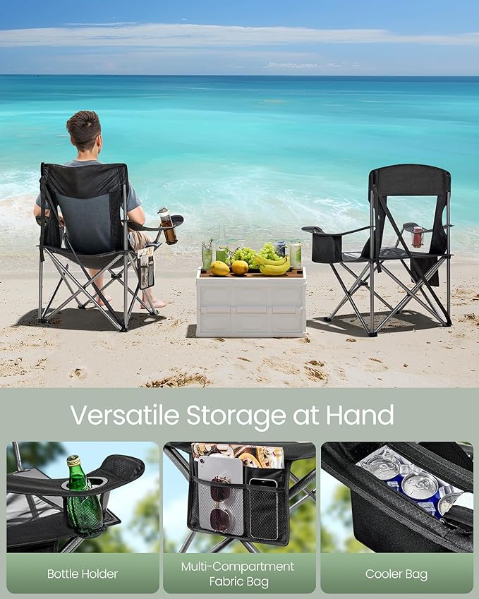 SONGMICS Camping Chair, Folding Lawn Chair with Cooler Bag, 352 lb Weight Capacity, Adjustable Armrests with Cup Holder, Storage Bag, Breathable Nylon Mesh, for Sports Games, Ink Black UGCB060B01