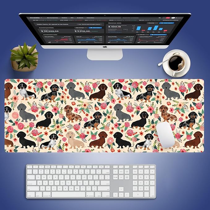 Extended XXL Gaming Mouse Pad with Stitched Edges for PC Home & Office - Colorful Floral Dachshund Dogs Cute Puppies Pink Flowers Seamless Design, Smooth Fabric Surface Anti-Slip Base Large Desk Mat