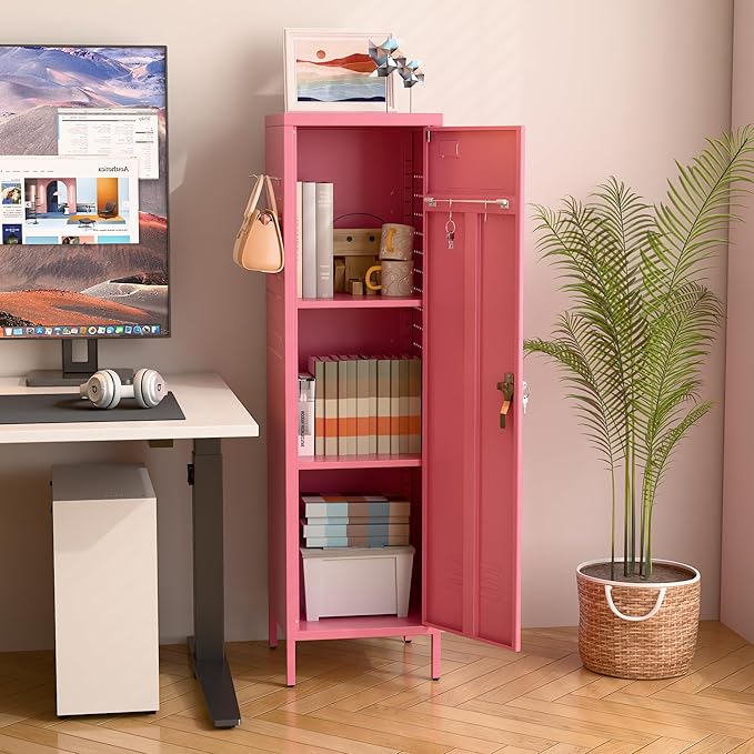 Aobabo 54" H Pink Metal Lockers, Storage Locker Cabinet with Lockable 1 Door and Towel Rack and 2 Side Pegboards with Hooks for Home School Office, Assembly Required