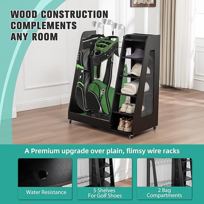 CHARMMA Golf Bag Organizer for Garage, Premium Wooden Golf Clubs Storage Rack Fit 2 Golf Bags, Golf Trunk Organizer for Car Garage Club Shed Basement,35.50x18.00x40.00in