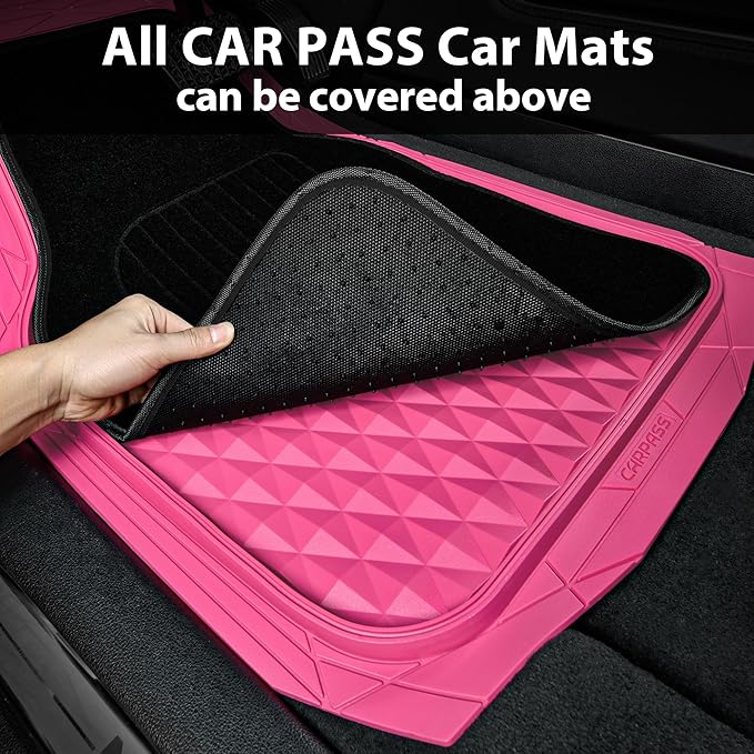 CAR PASS Heavy Duty Rubber Pink Car Floor Mats, Deep Dish All-Weather Full Set Durable Anti-Slip 3D Rhombus Waterproof Trim to Fit Liner Universal Fit Automotive,Sedan,SUV,Truck, 3 Pcs Hot Pink