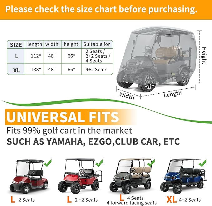 10L0L Heavy Duty 650D Golf Cart Cover for 2/4/6 Passengers EZGO, Club Car and Yamaha, All Weather Outdoor Protection Weatherproof