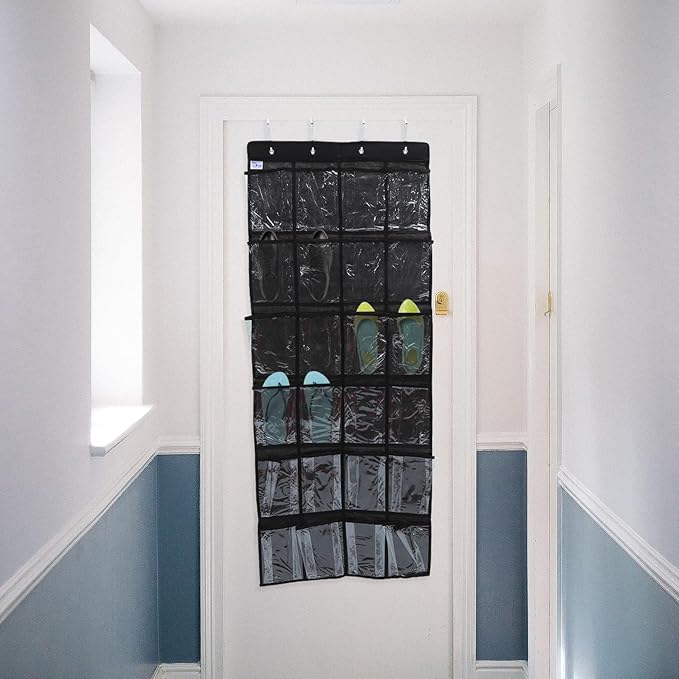 24-Compartment Hanging Shoe Organizer Bag, Black Non-Woven Fabric Storage Hanging Bag with Pockets for Door or Wall, Bedroom Shoe Storage Solution
