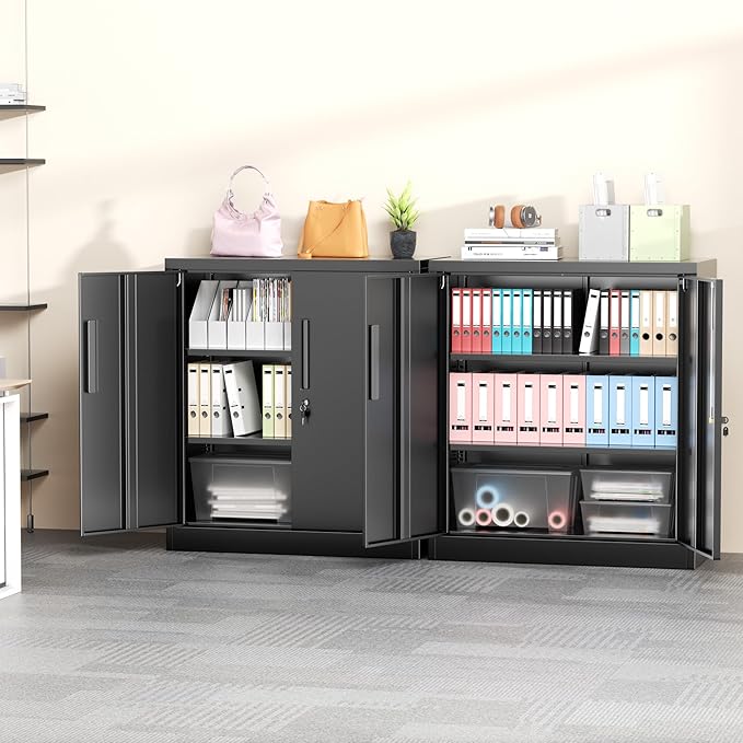 Greenvelly Metal Garage Cabinet, 36" H Locking Metal Storage Cabinet with 2 Doors and Adjustable Shelves, Black Steel File cabinets for Home Office, Garage and Utility Room (32" W x 16" D)