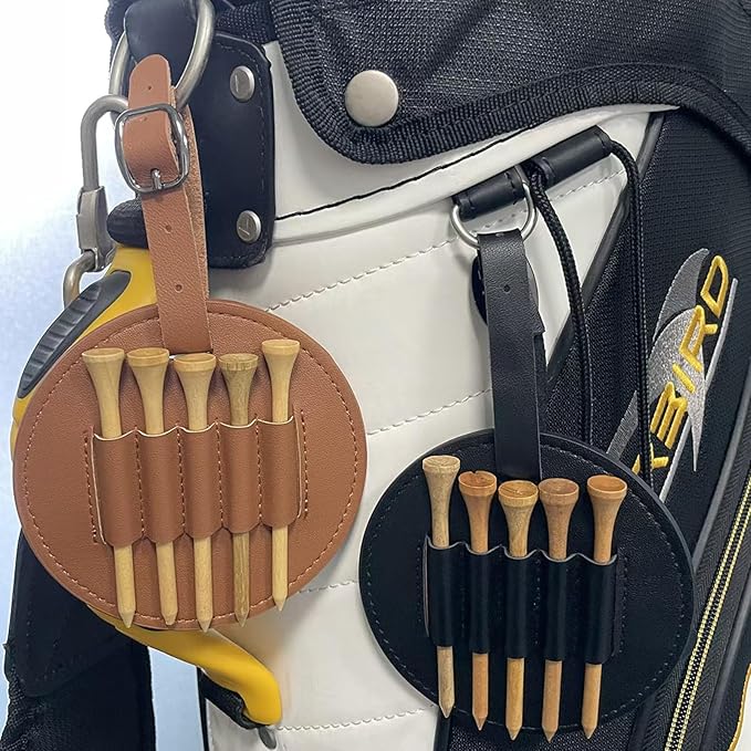 Golf Tee Holder for Bag, Golf Tee Carrier with 10 PCS Wooden Golf Tees 2-3/4 inch, Golf Accessories for Men and Women, Golf Bag Accessory and Golf Gift (Brown)