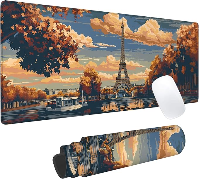 Paris Eiffel Gaming Mouse Pad, Office Desk Mat, Anti-Slip Rubber Base Cool Aesthetic Mouse Pads for Computer Laptop Keyboard School Home Desktop Gamer Home Accessories Decor 31.5" x 11.8"