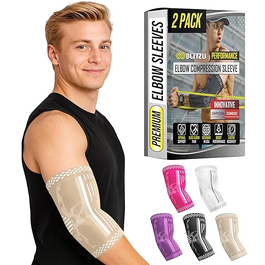 BLITZU Elbow Compression Sleeve for Tendonitis 2 Pack, Tennis Elbow Brace Support for Men and Women Golfers Elbow Pain Relief, Arthritis, Bursitis, Arm Brace for Workout, Weightlifting Nude M
