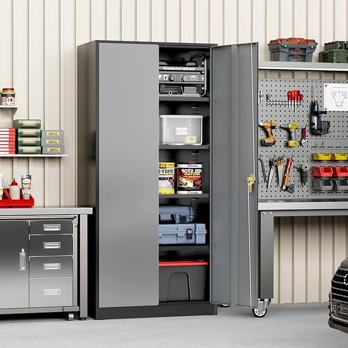 Greenvelly Metal Storage Cabinet with Doors and Shelves, 72'-Inch Locking Metal Cabinet for Garage, Office, School, Warehouse (Black Gray)