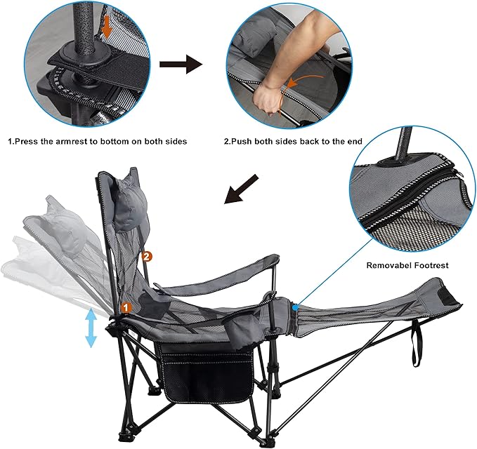 LEADALLWAY Camping Folding Chair with Foot Rest, Collapsible Camp Chair with Cup Holder and Removable Storage Bag, Heavy Duty Beach Chair for Outdoor Camp, Picnic, Travel, Fishing