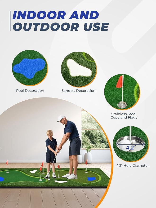 Golf Putting Green, Professional Grade Large Golfing Putting Mats with Sand Pit and Water Hazard for Indoor Outdoor
