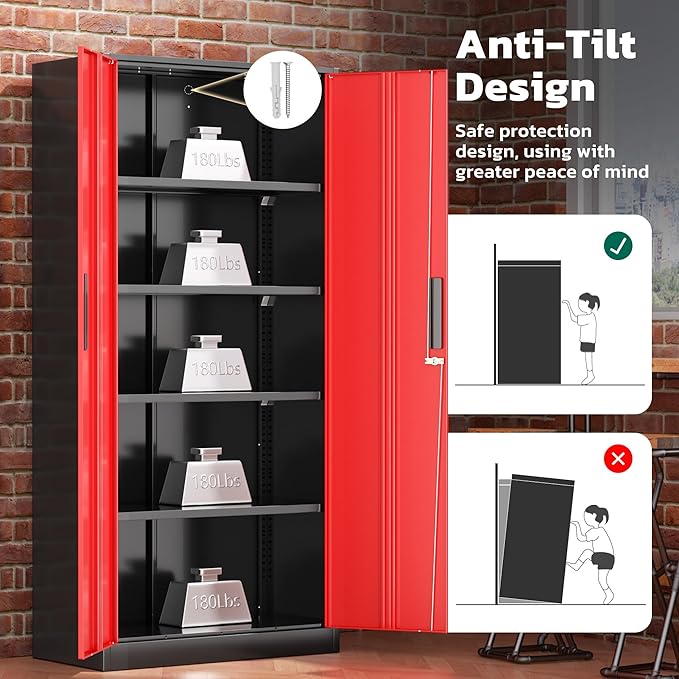 Greenvelly Metal Lockable Storage Cabinet, 72” Storage Cabinet with 2 Doors and 4 Adjustable Shelves for Office, Home, Garage, Pantry (Assembly Required, Black Red)