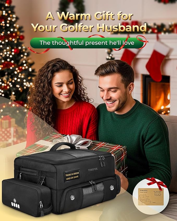 YOREPEK Upgraded Golf Trunk Organizer, Christmas Gifts for Golfers, with Removable Insulated Pouch&Dust-Proof Protective Layer, Multi-Compartment fits 2 Pairs of Shoes, Golf Accessories