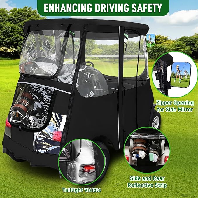 Golf Cart Deluxe Driving Enclosure 2 Passenger Fits Club Car Precedent 2004-Up, Tempo & Onward 2017-Up, Fits Short Roof 42.6" W and 59.9" L, Clear Window with Door Zippers 600D Rain Cover