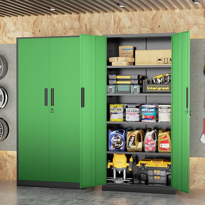 INTERGREAT Metal Storage Cabinet, 72" Locking Steel Cabinets with 2 Door and 4 Adjustable Shelves, Tall Metal Cabinet for Home Office, Garage, Warehouse,(Black+Green)