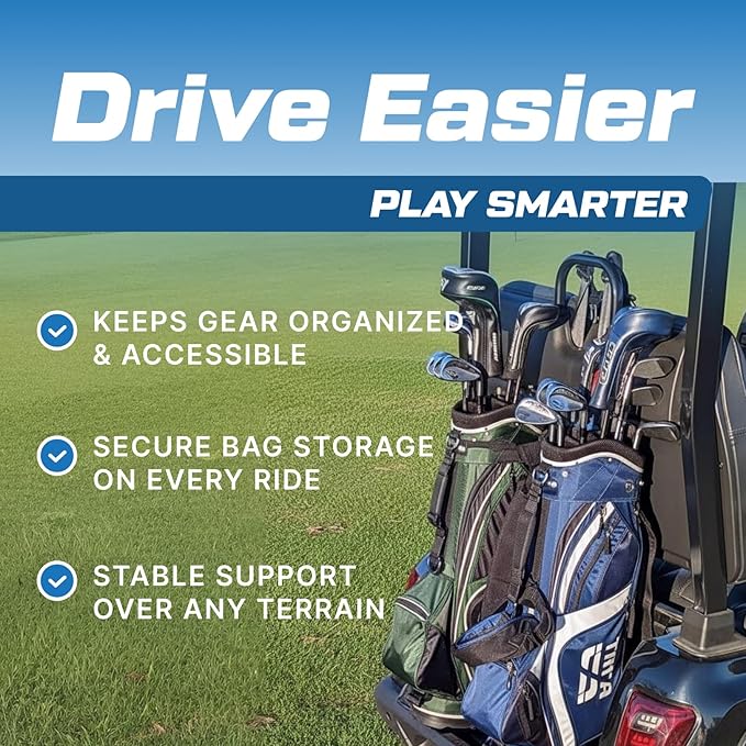 Evolution D5 Ranger & D5 Maverick Golf Bag Holder Bracket Attachment - No Drilling Assembly for 4 Passenger & 6 Passenger Carts - Durable Golf Bag Mount Compatible with Evolution Golf Carts | Black