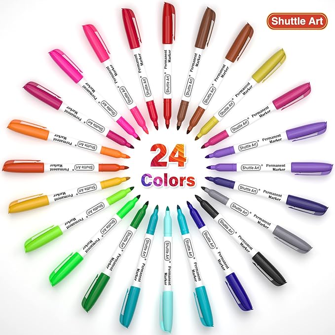 Shuttle Art Permanent Markers, 24 Colors Fine Point Assorted Colors Permanent Marker Set, Works on Plastic,Wood,Stone,Metal and Glass for Doodling, Coloring, Marking