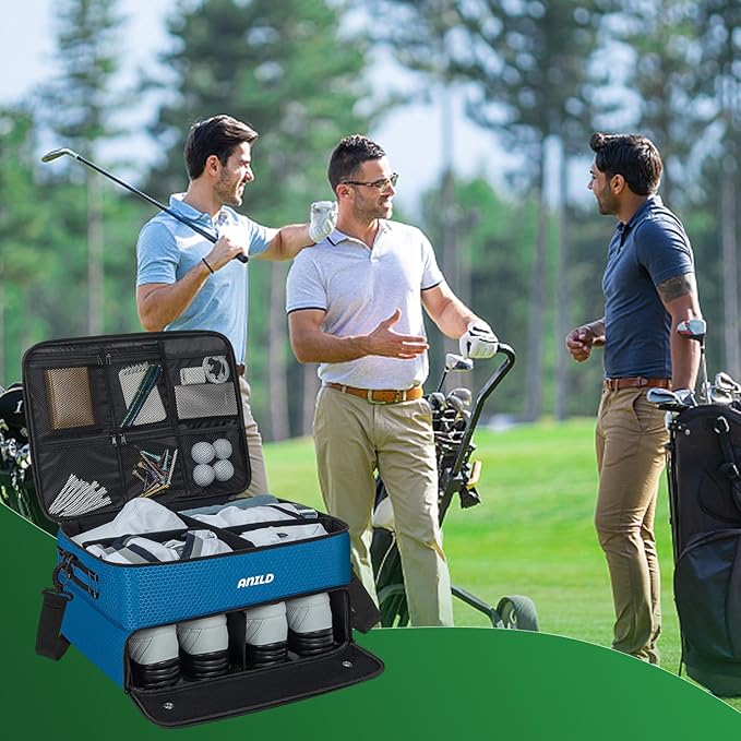 ANILD Golf Trunk Organizer, 2 Layer Golf Storage Case with Separate Ventilated Compartment for 2 Pair Shoes, for Balls, Tees, Clothes, Gloves, Accessories, Golfer Gifts