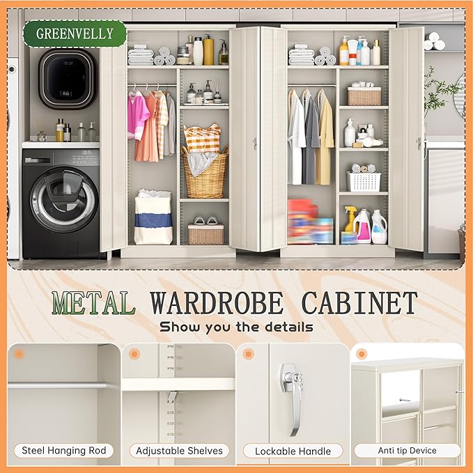 Greenvelly Metal Wardrobe Cabinet with Lock Door, 72" Metal Wardrobe Closet with Hanging Rods and Adjustable Shelves, Clothing Storage Closet Cabinet for Home, Office, Employee, Gym (Grey)