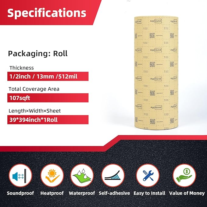 Sound Deadening Mat 1/2inch(13 mm) 107.64sqft - Closed Cell Foam Car Sound Deadening Material - Self-Adhesive Hood Insulation Heat Shield Auto Sound Dampening