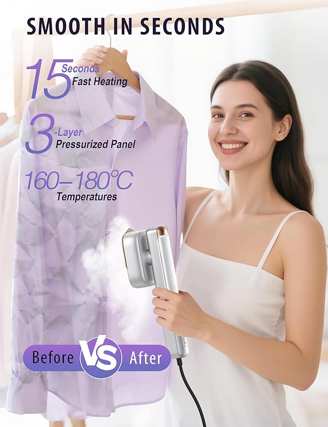 Smart Steam irons Handheld Steamer for Clothes – Global Voltage Adaptation, Palm-Sized & Lightweight (0.8lb), Dual Steam Modes, Easy Wrinkle Remover, Auto Shut-Off, for Travel & Home