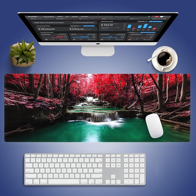 Wknoon. Extra Large Gaming & Office Mouse Pad (31.5" x 11.8") – Enchanted Waterfall in a Vibrant Red Forest, XXL Desk Mat with Durable Stitched Edges & Anti-Slip Base & Smooth Fabric Surface