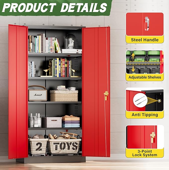 Greenvelly Metal Storage Cabinet, 72" Steel Garage Cabinet with Doors and Adjustable Shelves, Tall Metal Office Storage cabinets for Garage,Home Office,School (Black Red)