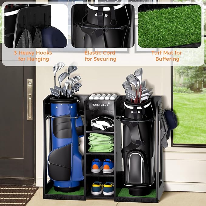 Wooden Golf Storage Organizer for Garage, Premium Golf Bag Holder Rack for Golfing Accessories, Great Gift for Golfers,Husband, Dad